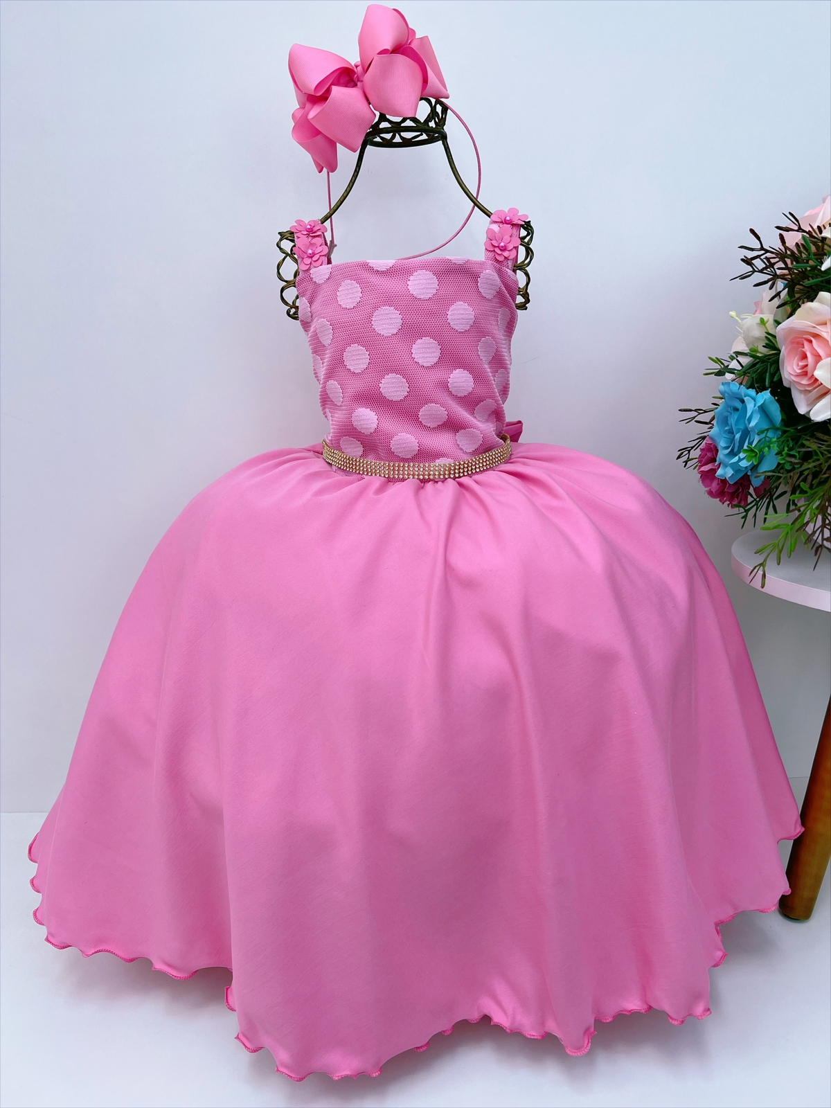 Vestido Infantil Rosa Chiclete Bolinhas Aplique Flores Strass