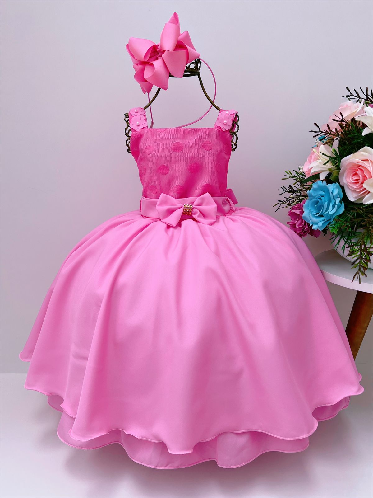Vestido Infantil Rosa com Laço e Bolinhas Luxo Festa