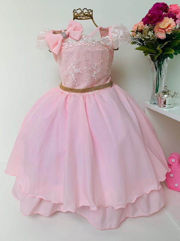 Vestido Infantil Rosa com Renda Cinto Strass e Bico de Pato