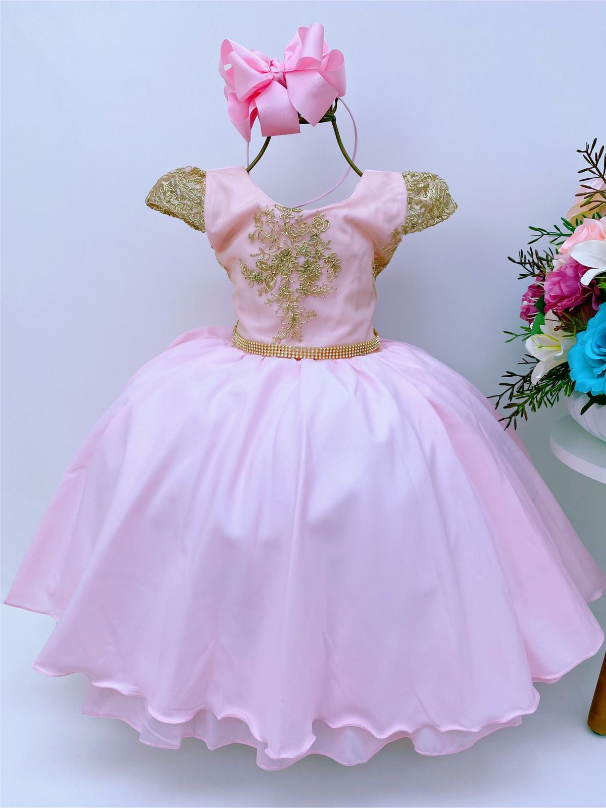 Vestido Infantil Rosa Renda Dourada Cinto Strass Luxo