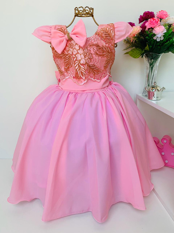 Vestido Infantil Rosa Renda Dourada Luxo com Bico de Pato