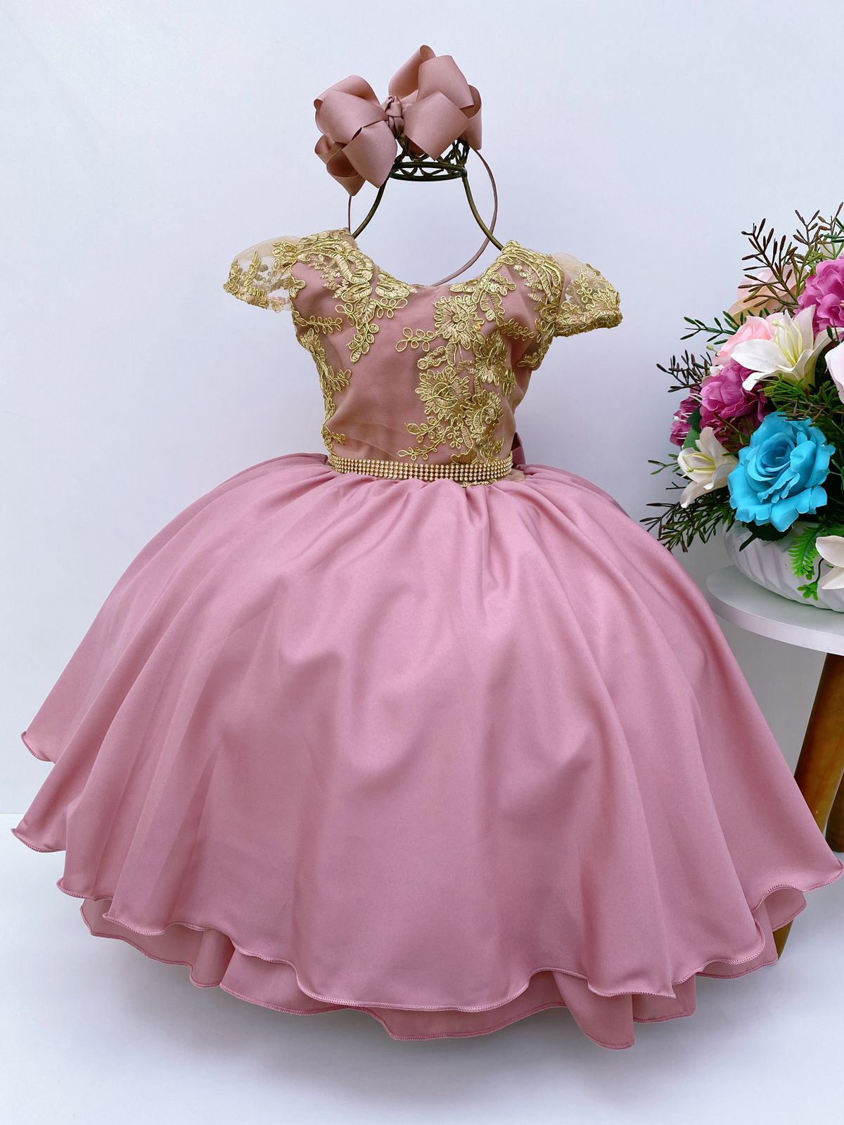 Vestido Infantil Rosê Renda Dourada Cinto Strass Luxo