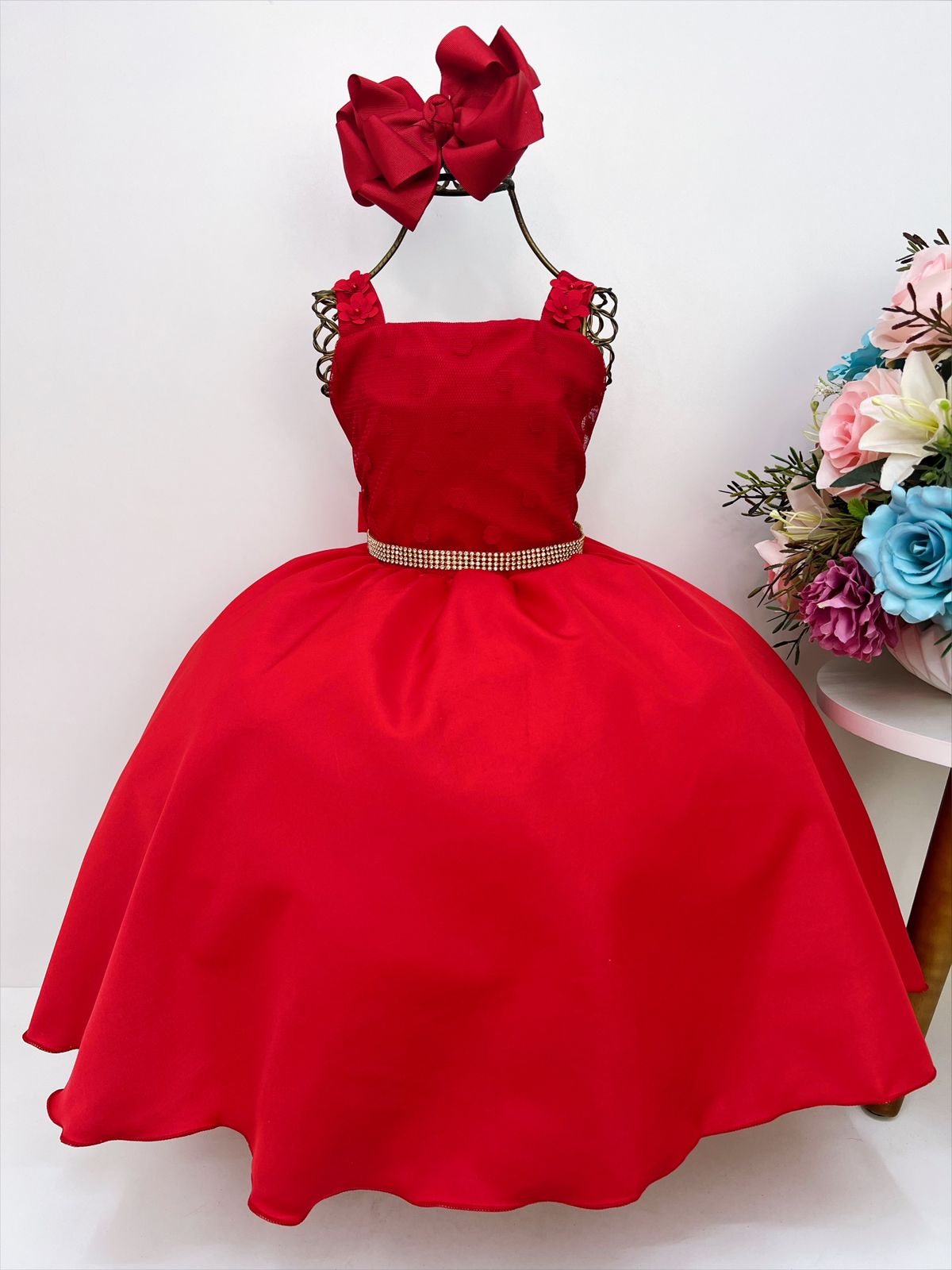 Vestido Infantil Vermelho Bolinhas Aplique Festa Strass Luxo