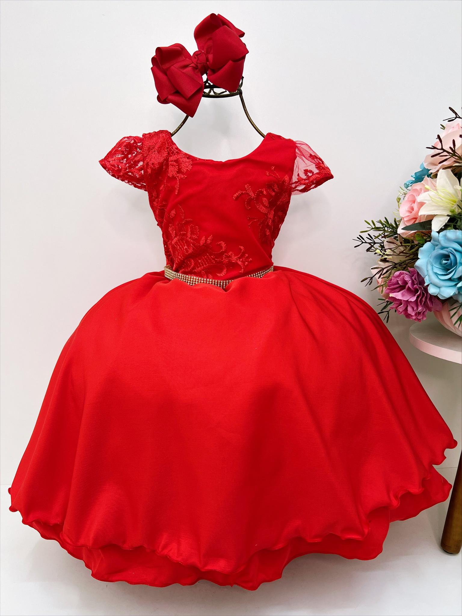 Vestido Infantil Vermelho C/ Renda Cinto Pérolas Luxo Damas