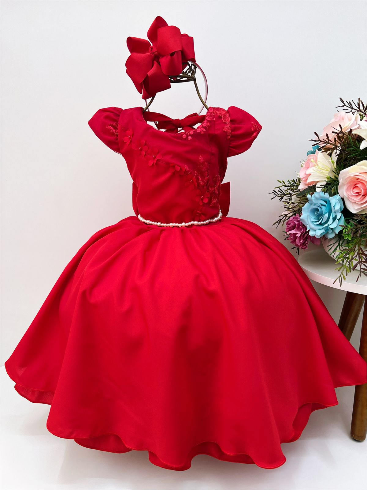 Vestido Infantil Vermelho Renda e Aplique de Flores Pérolas