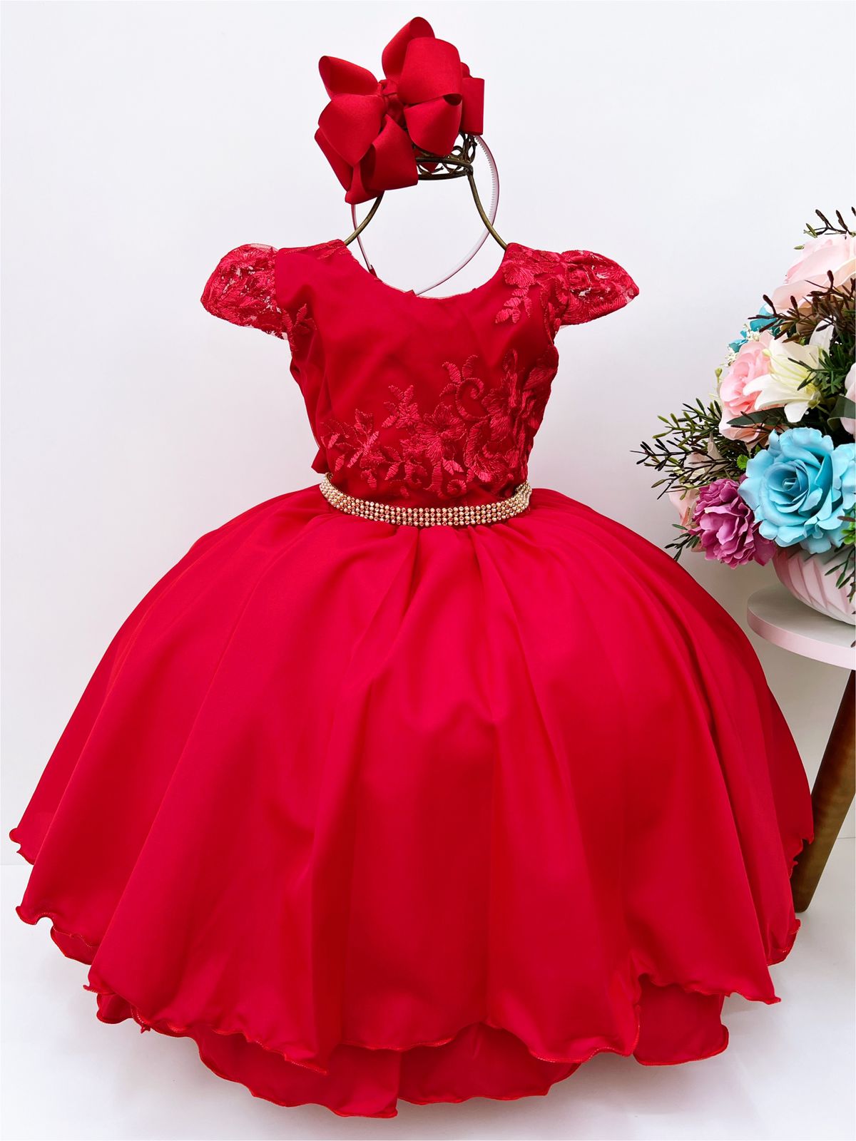Vestido Infantil Vermelho Rendado C/ Cinto Strass Luxo