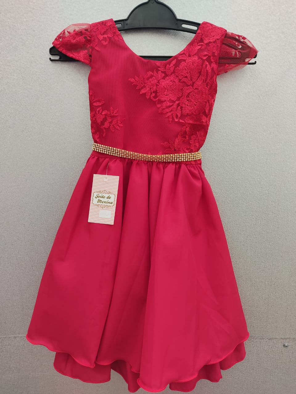 Vestido Infantil Vermelho Rendado Cinto Strass Luxo