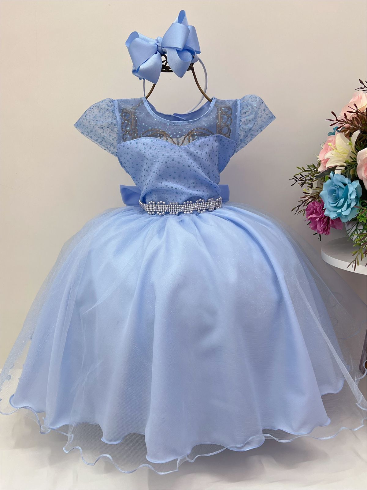 Vestido Infantil Azul Tule C/ Cinto Pérolas Strass Luxo