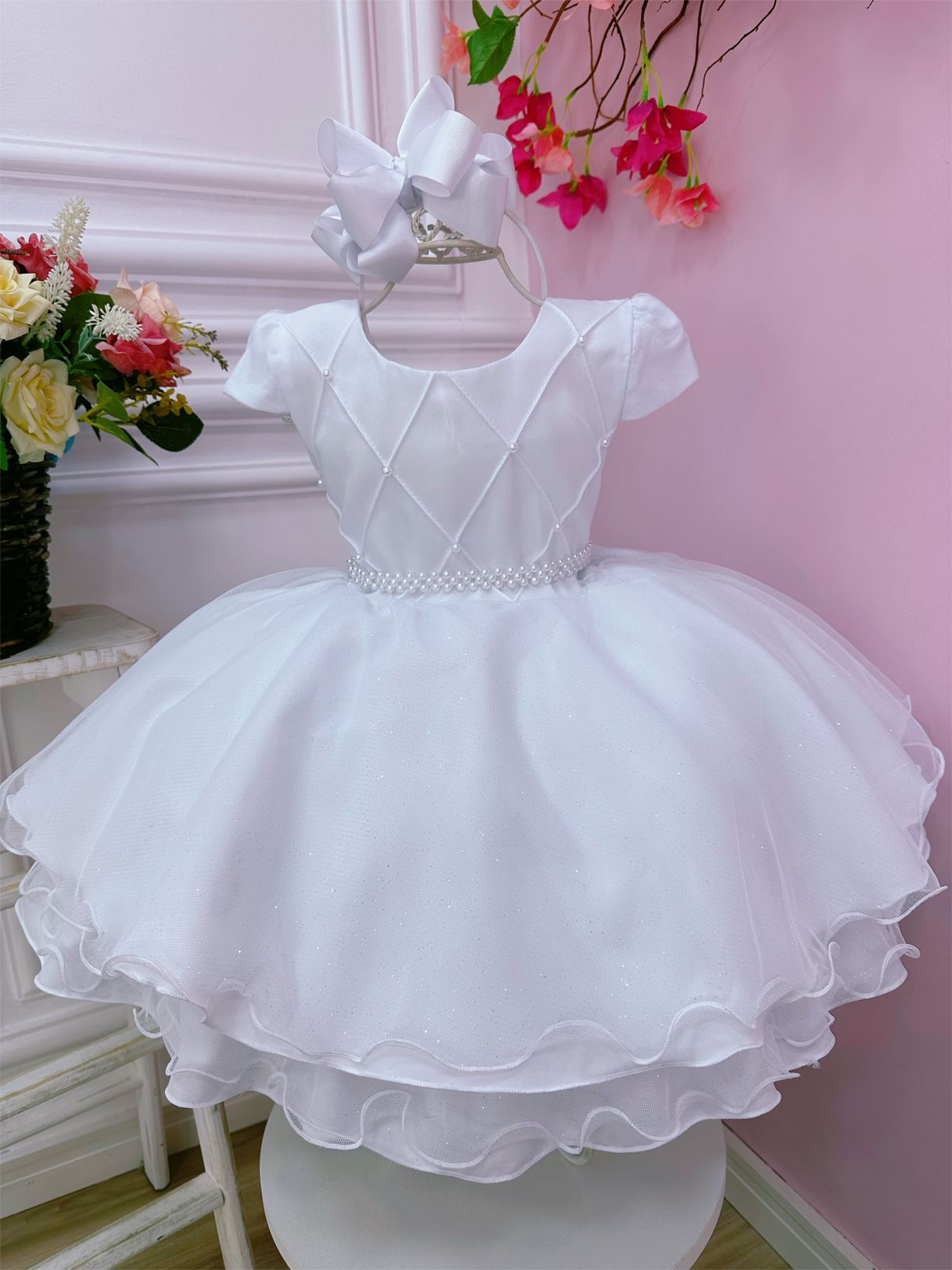 Vestido Infantil Branco C/ Busto Nervura Cinto Pérolas Festa