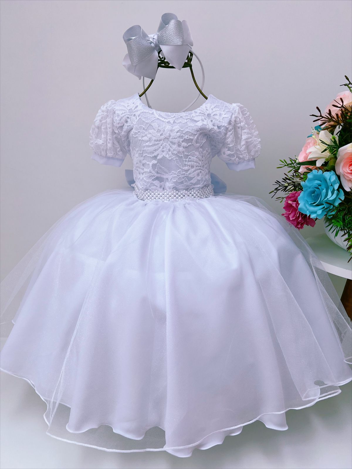 Vestido Infantil Branco Tule C/ Cinto Pérolas Luxo Batizado