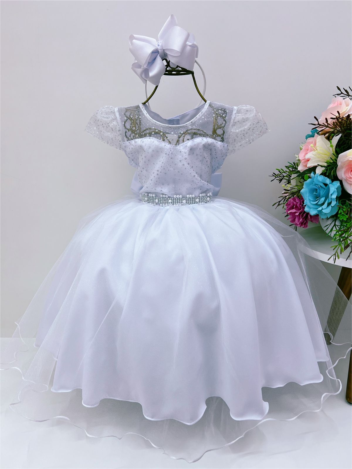 Vestido Infantil Branco Tule C/ Cinto Pérolas Strass Luxo