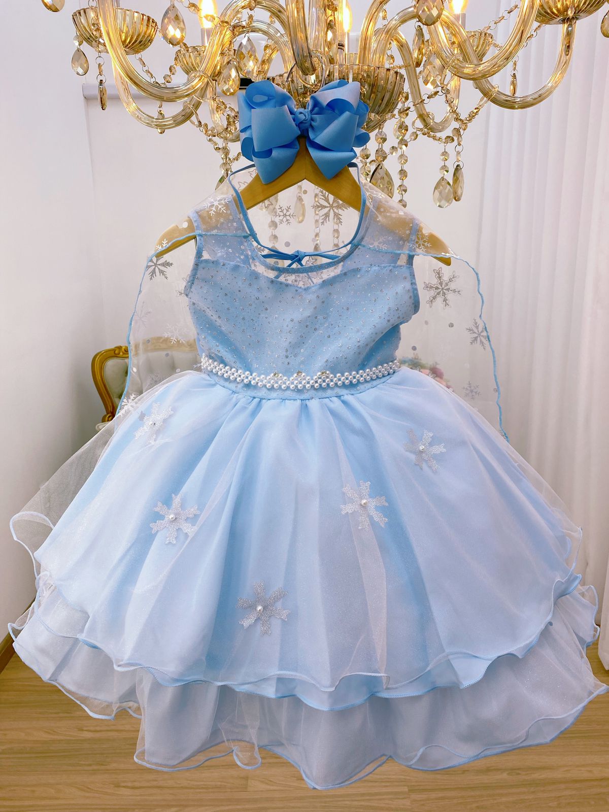 Vestido Infantil Azul Frozen com Capa Luxo