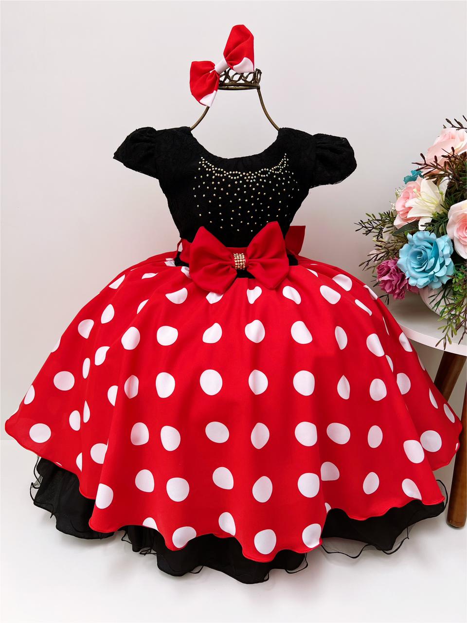 Vestido Infantil Minnie Vermelho Bolas Brancas Peito Strass