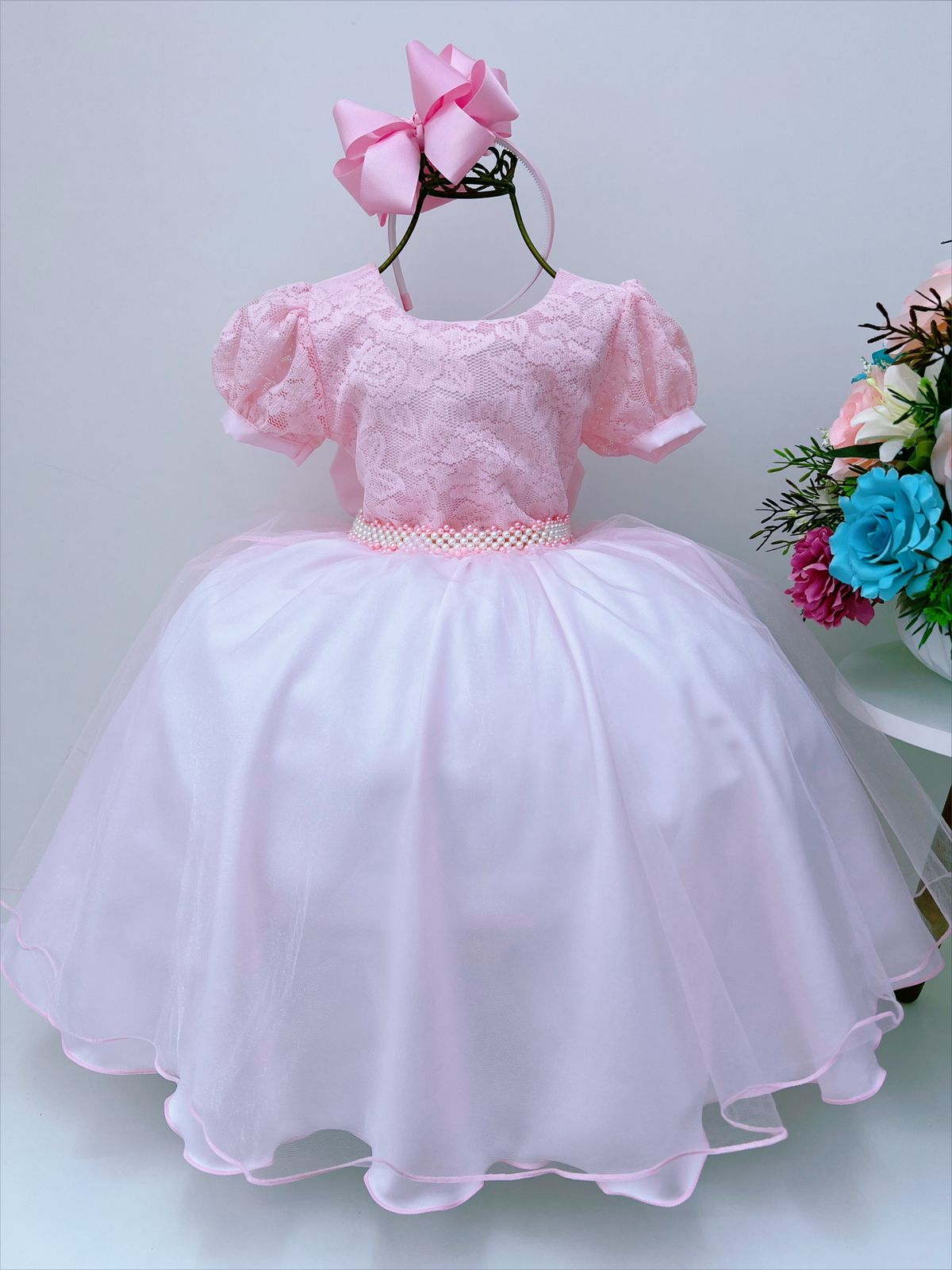 Vestido Infantil Rosa Tule C/ Cinto Pérolas Luxo Batizado