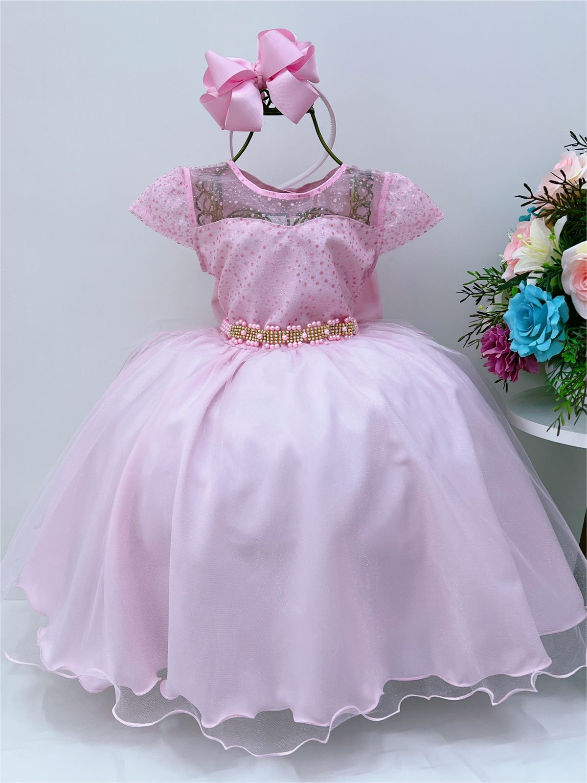 Vestido Infantil Rosa Tule C/ Cinto Pérolas Strass Luxo