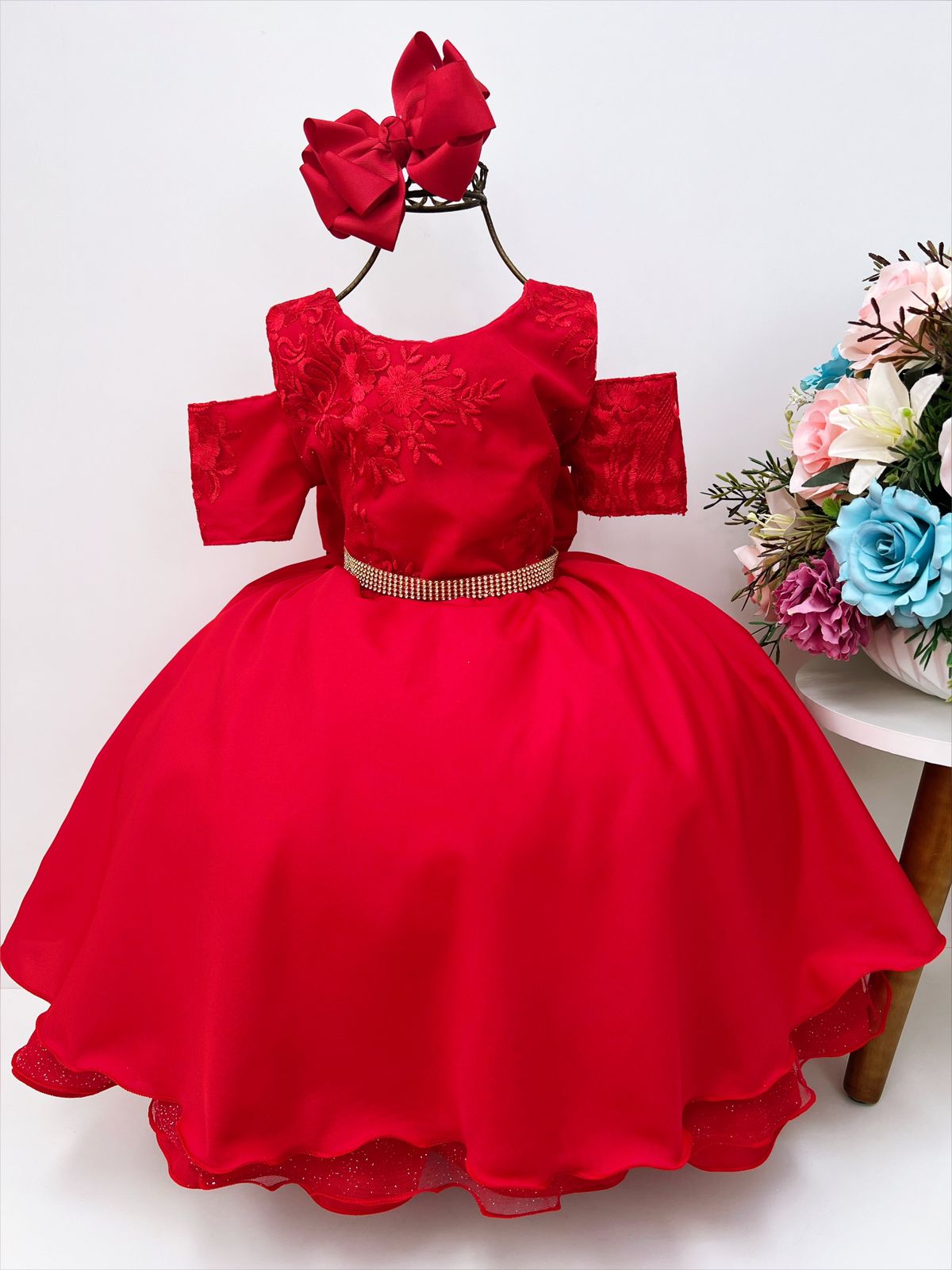 Vestido Infantil Vermelho C/ Renda Cinto Strass Luxo