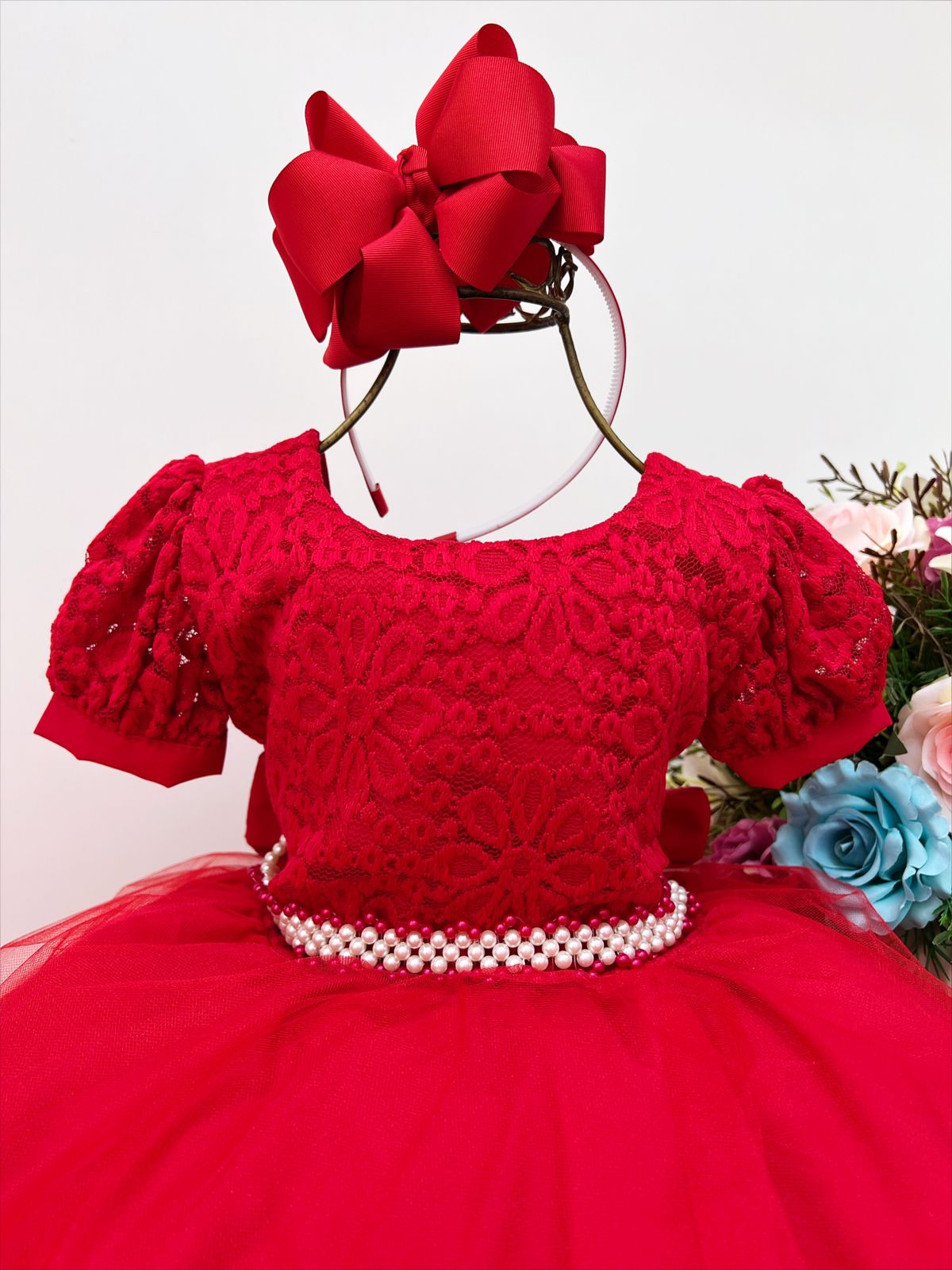 VESTIDO FESTA PRINCESA LUXO VERMELHO TULE COM PÉROLAS SOB L49ESQMD8