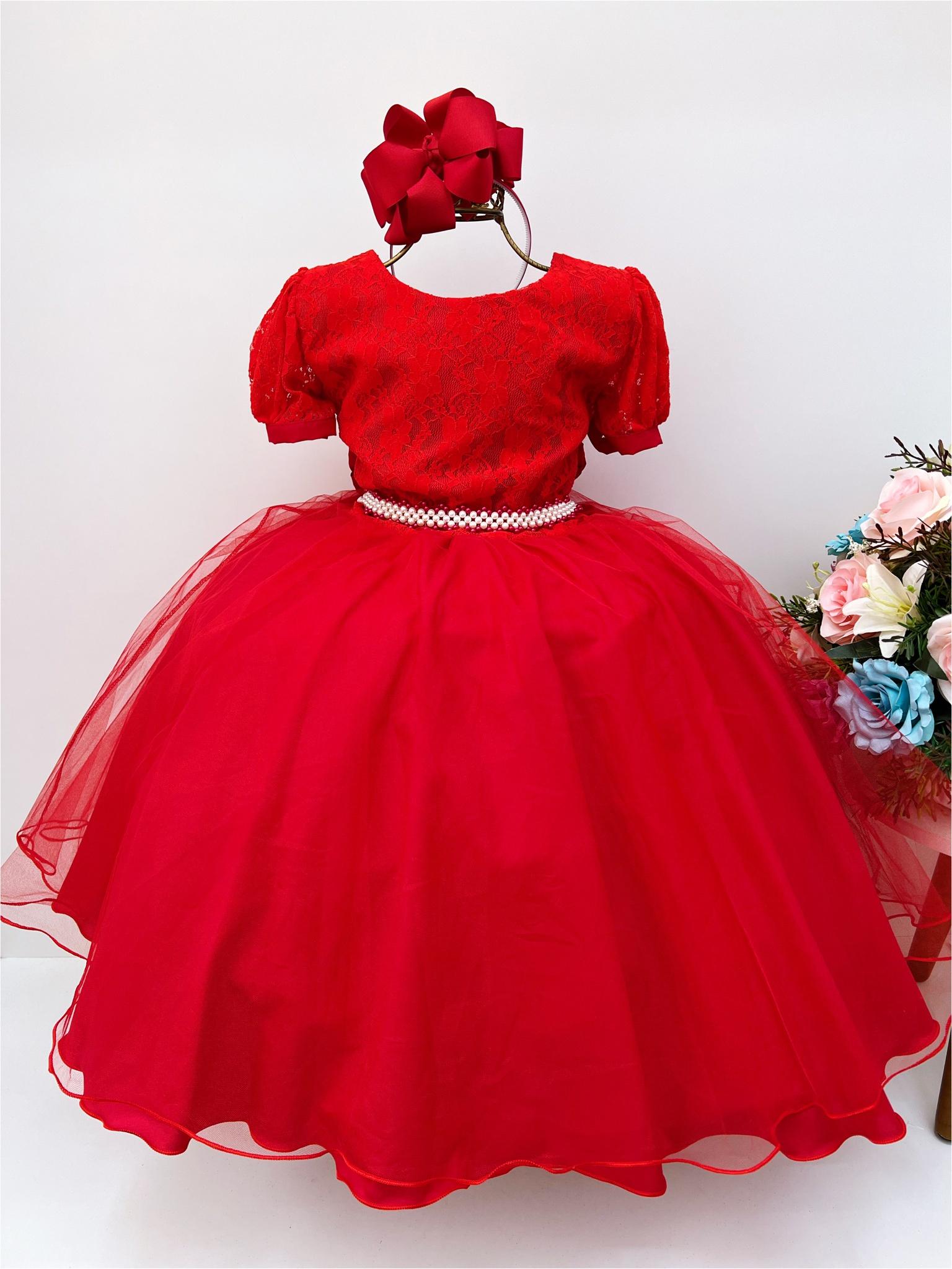 Vestido Infantil Vermelho Tule Cinto Pérolas Luxo Batizado