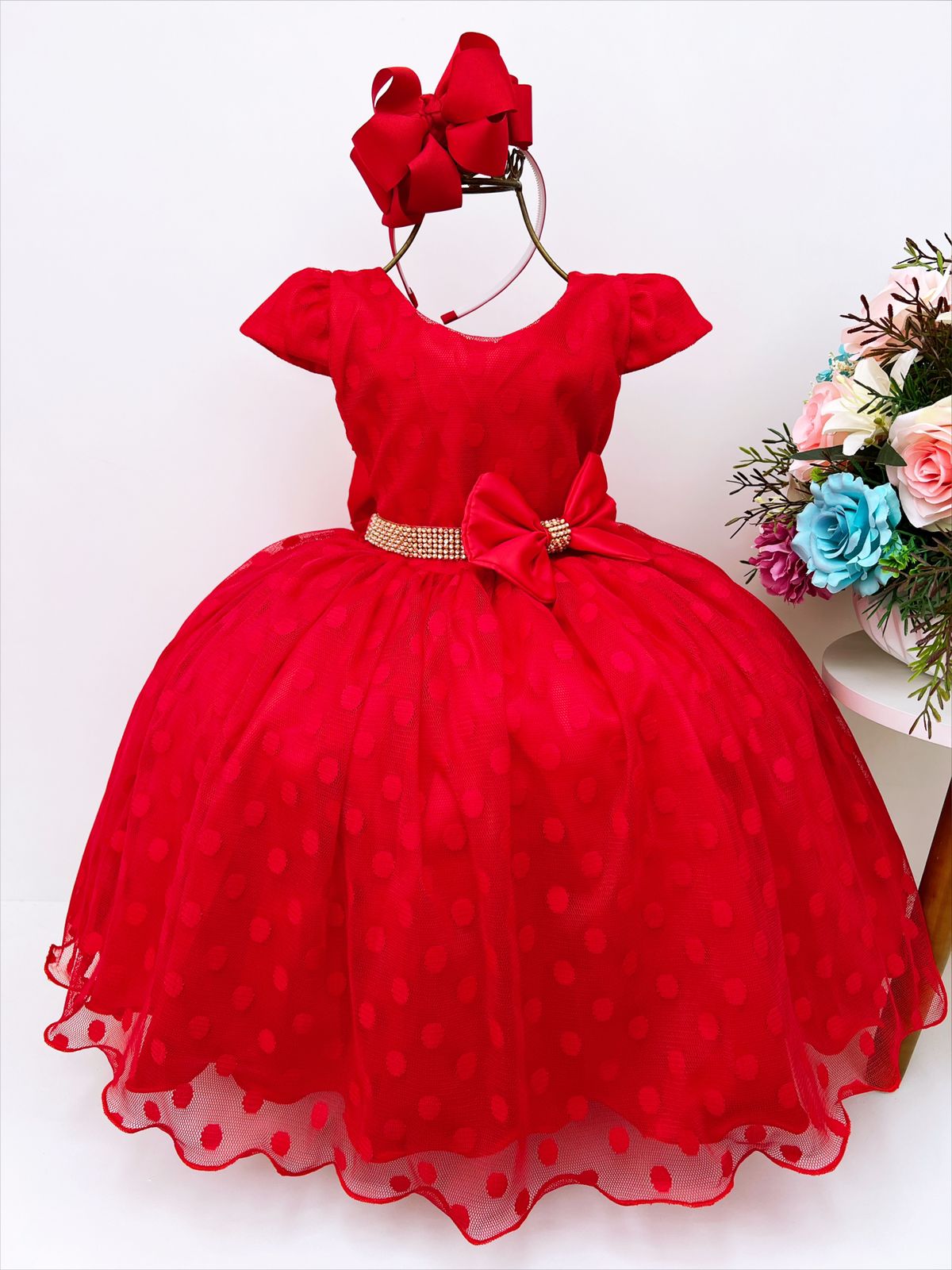 Vestido Infantil Vermelho Tule Bolinhas Cinto Strass Luxo