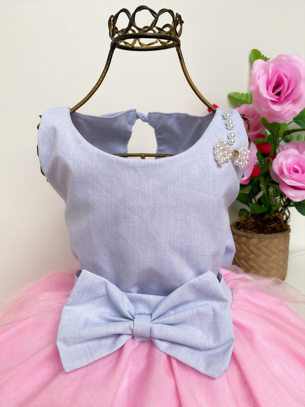 Vestido Infantil Cinderela Azul Renda Luxo Pérolas e Strass - Rosa Charmosa  Atacado