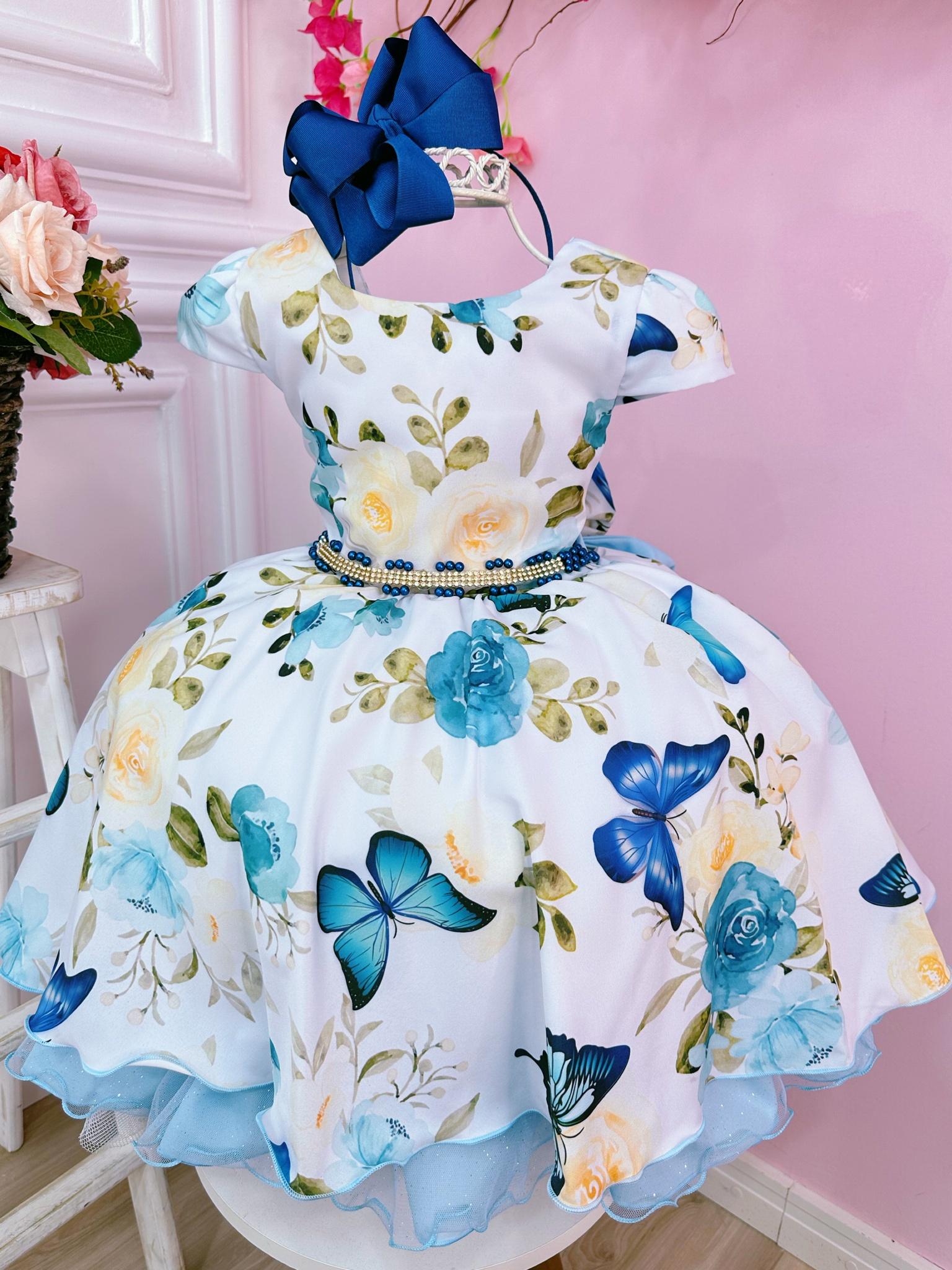 Vestido Infantil Branco Jardim das Borboletas Cinto de Strass