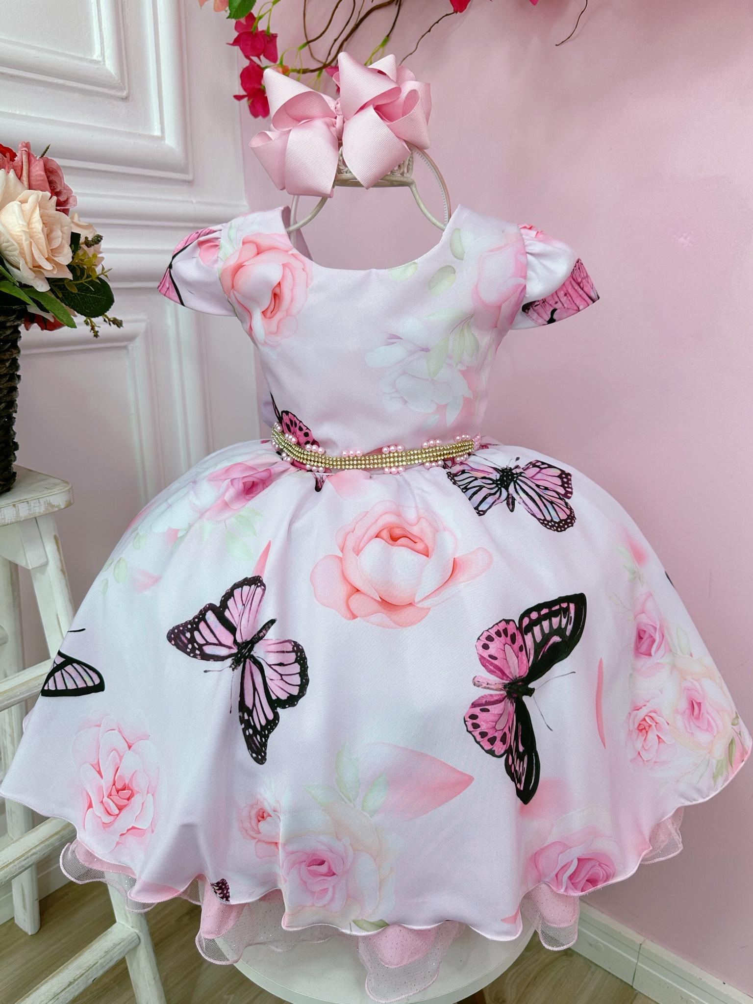 Vestido Infantil Rosa Bebê Jardim das Borboletas Cinto Strass