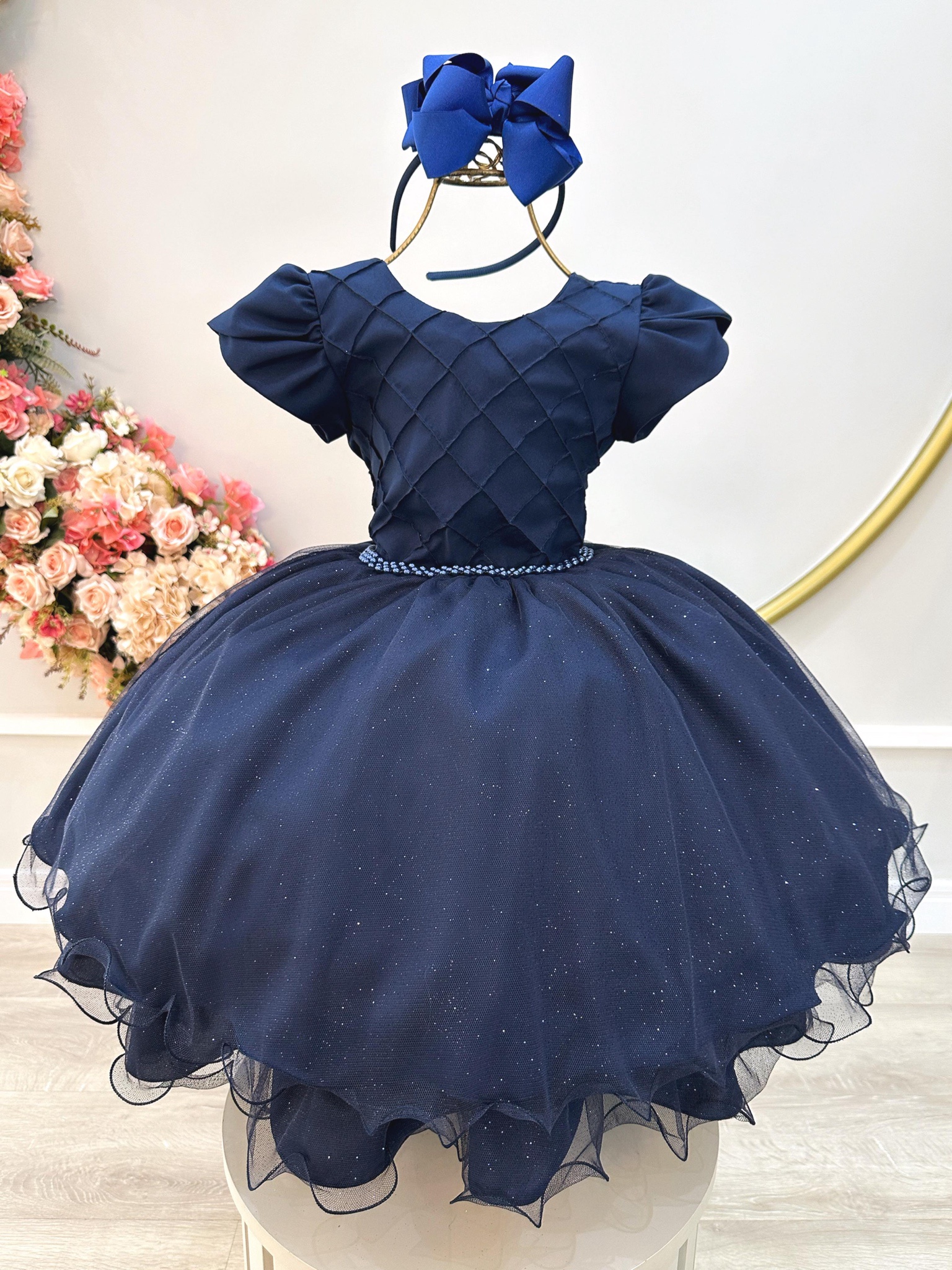 Vestido Infantil Azul Marinho C/ Busto Nervura Festas