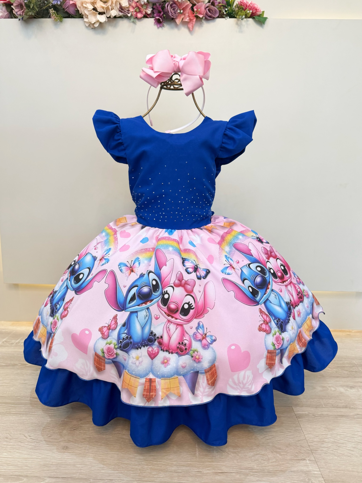 Vestido Infantil Azul Royal Lilo Stitch e Angel Festas Luxo