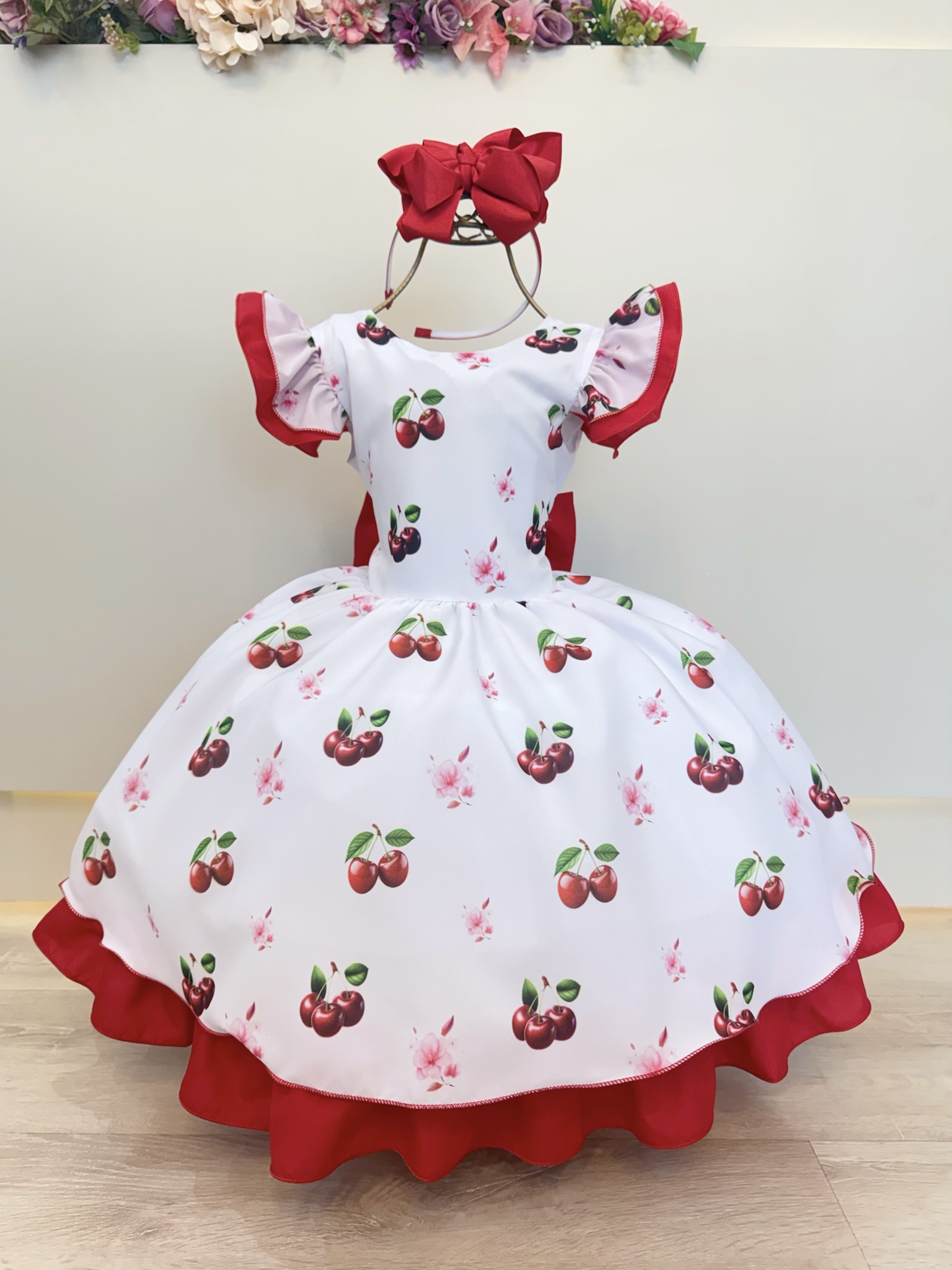 Vestido Infantil Branco e Vermelho com Estampa Cereja Luxo