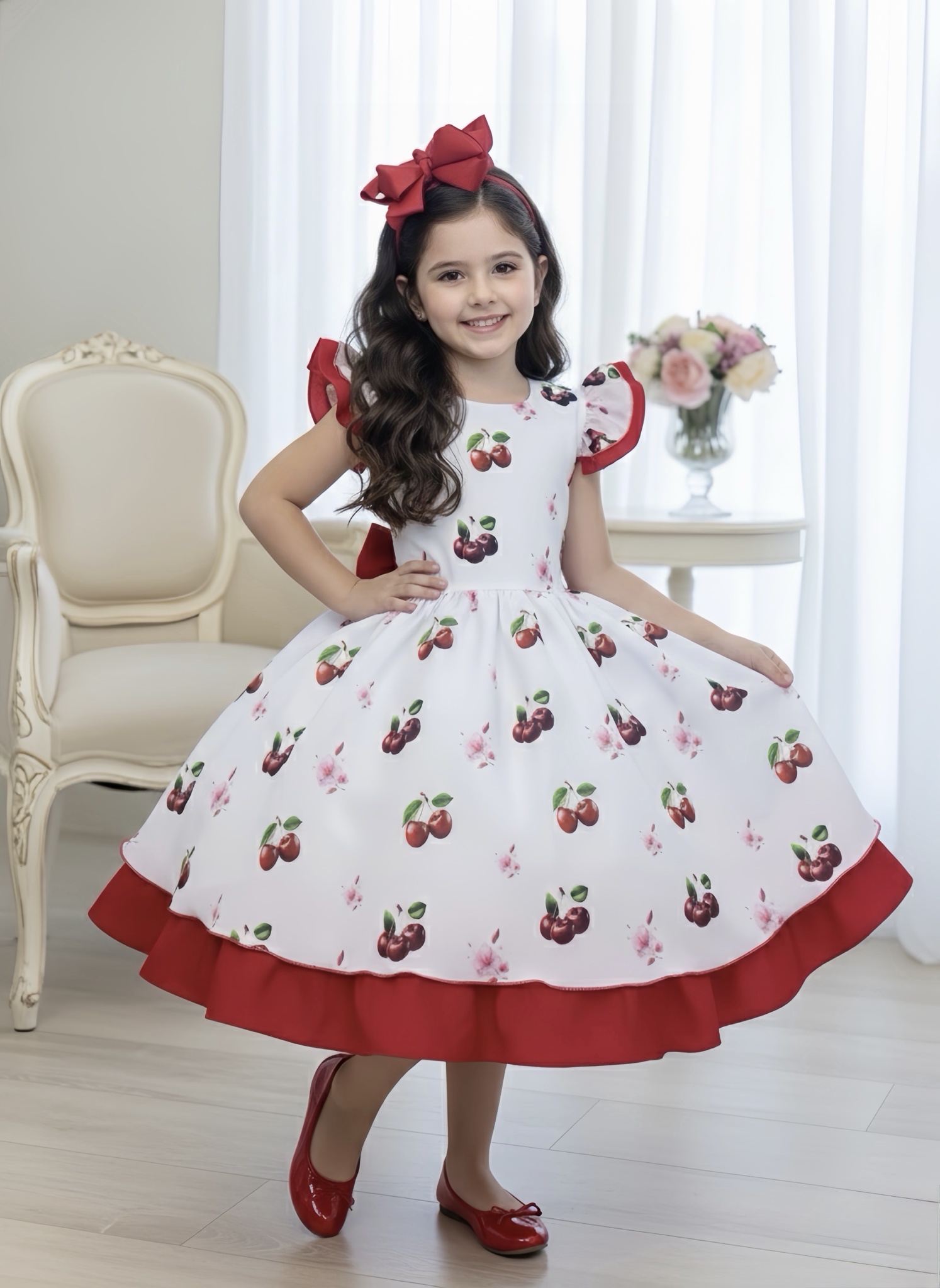 Vestido Infantil Branco e Vermelho com Estampa Cereja Luxo