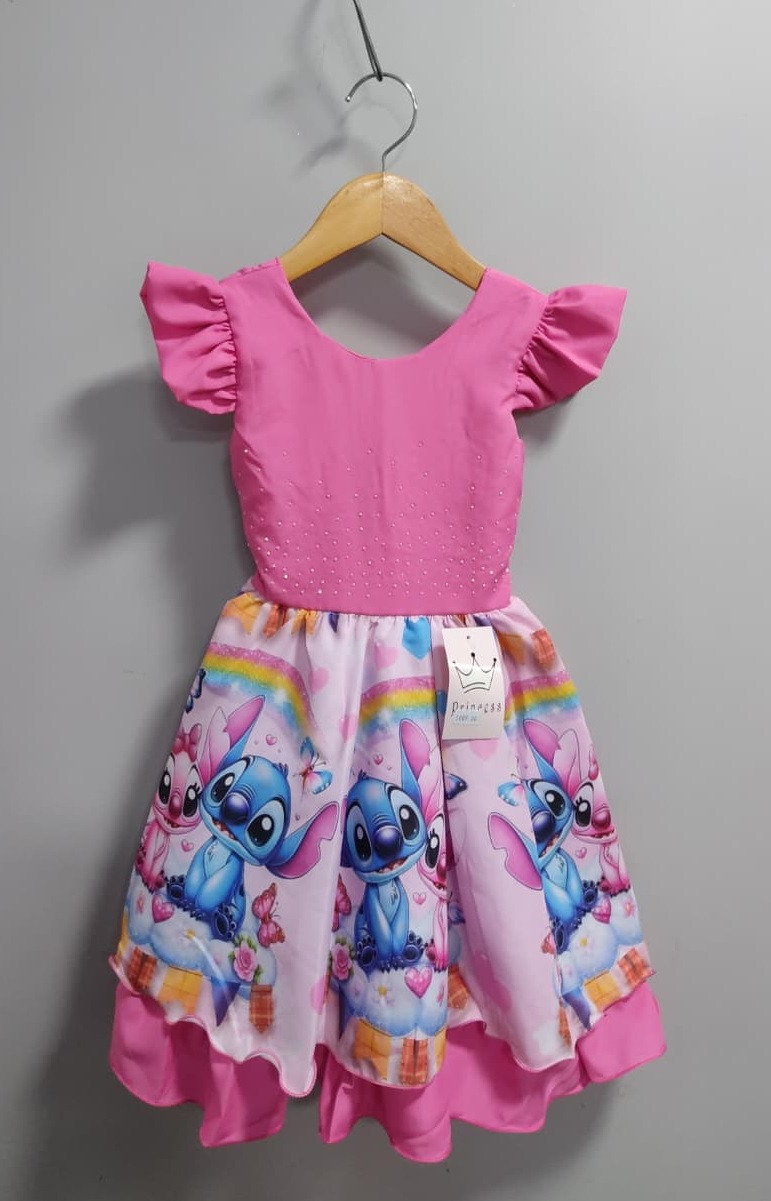 Vestido Infantil Rosa Chiclete Lilo Stitch e Angel Festas