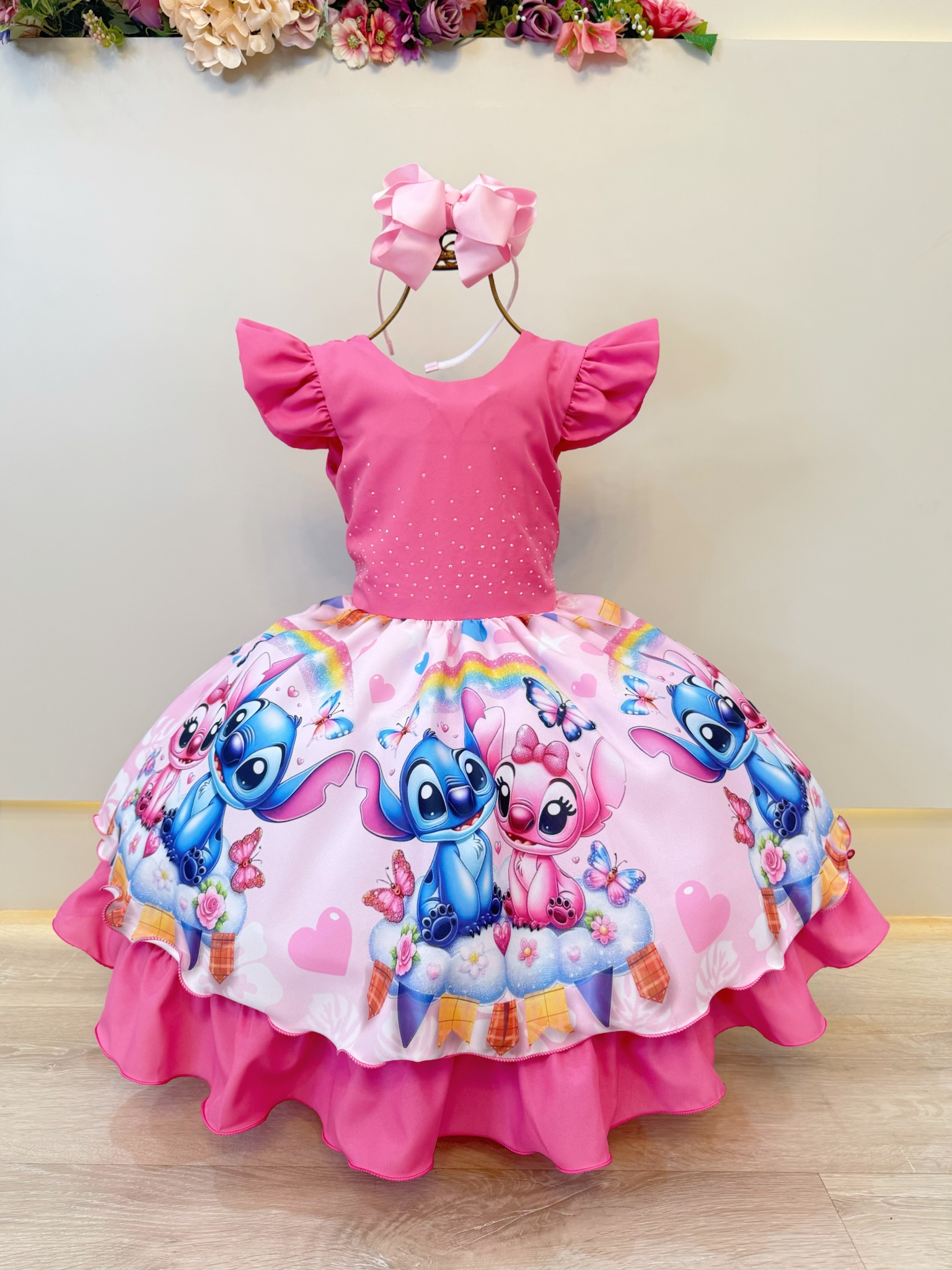 Vestido Infantil Rosa Chiclete Lilo Stitch e Angel Festas