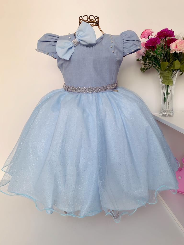 Vestido Infantil Frozen Azul Luxo Laço Cabelo