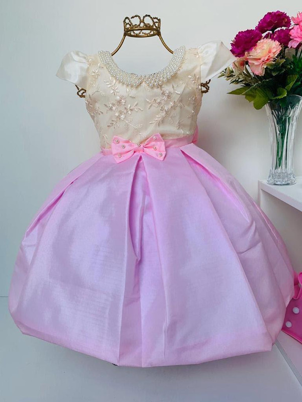 Vestido Infantil Rosa e Off Princesa Bebê de Luxo