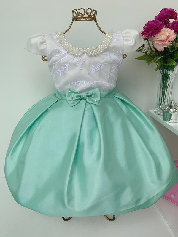 Vestido Infantil Verde e Off Princesa Bebê de Luxo