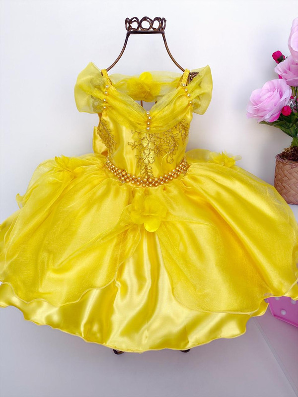 Vestido Infantil Amarelo Luxo Realeza Renda Pérola e Aplique