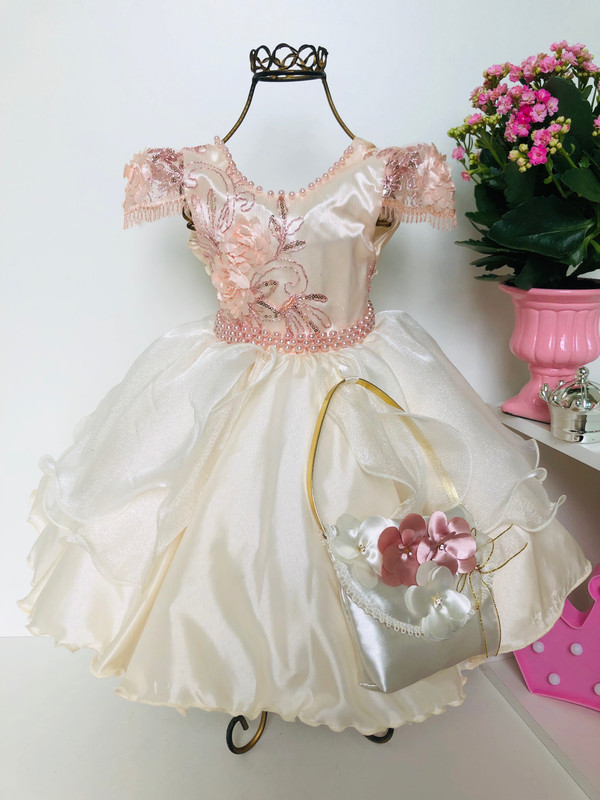 Vestido Infantil com Bolsinha Marfim Renda Pérolas Luxo