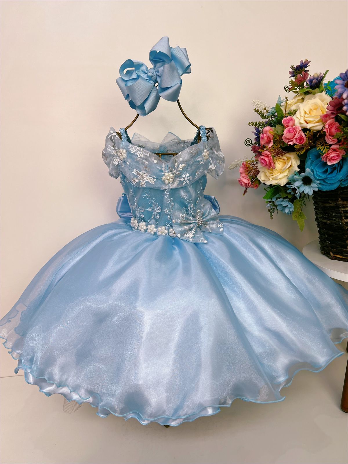 Vestido Infantil Frozen C/ Capa e Laço Festa Princesas Luxo