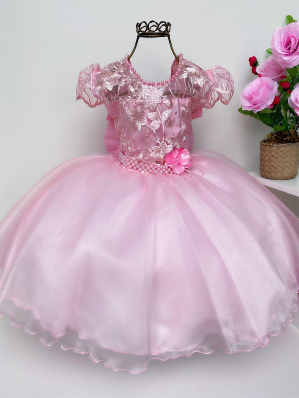 Vestido Infantil Rosa Renda e Pérolas Aplique Flor Luxo