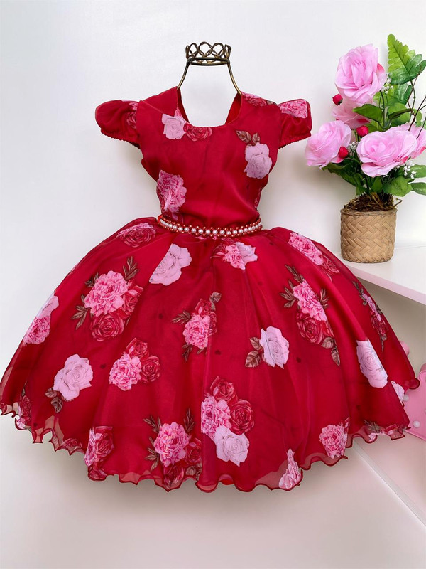 Vestido Infantil Vermelho Floral Jardim Luxo Festas Florista