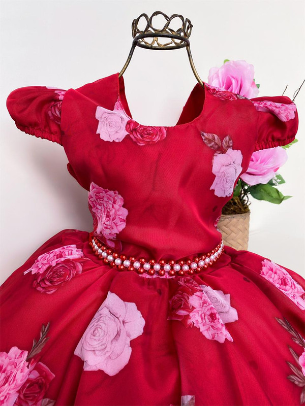 Vestido Infantil Luxo Floral Vermelho Festa Florista - Rosa