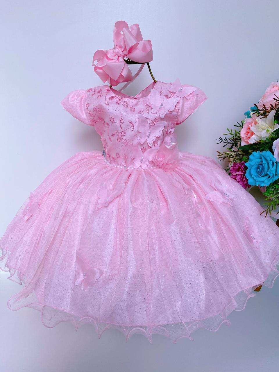 Vestido Infantil Aplique de Borboletas Flor Rosa Brilho Luxo