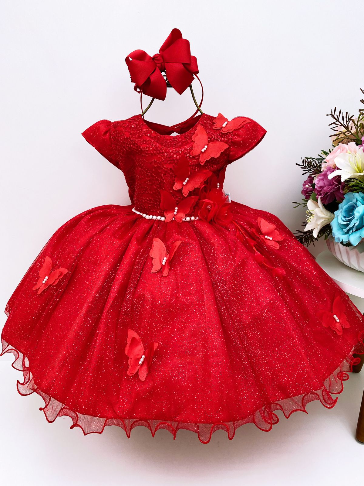 Vestido Infantil Aplique de Borboletas Flor Vermelho Brilho