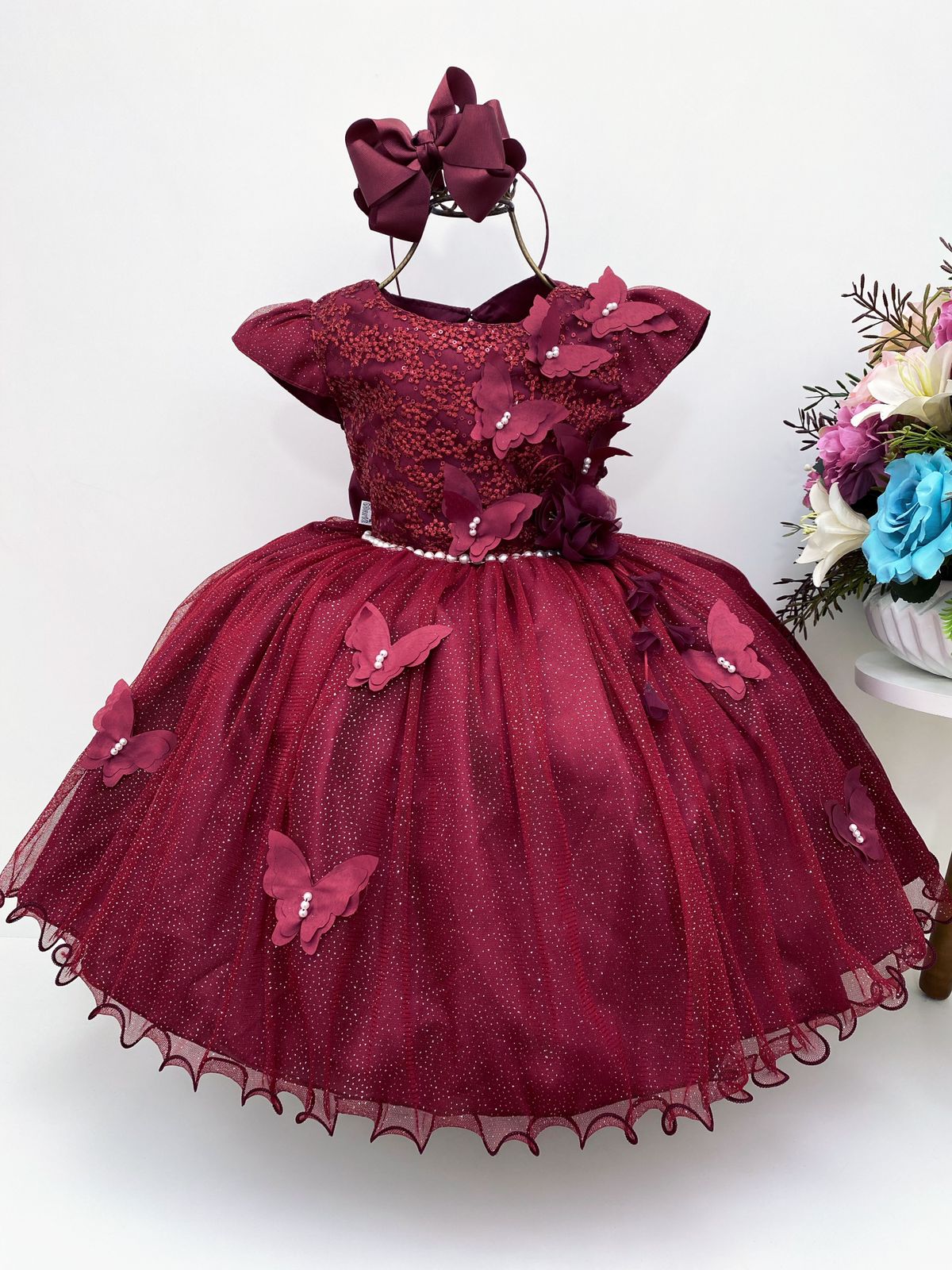 Vestido Infantil Aplique de Borboletas Marsala Brilho Luxo