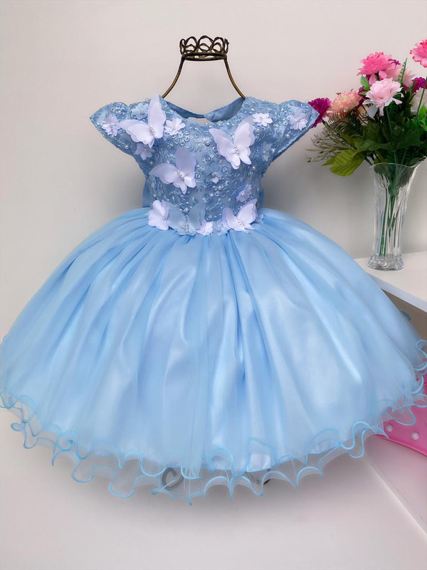 Vestido Infantil Azul Aplique Borboletas Renda Luxo
