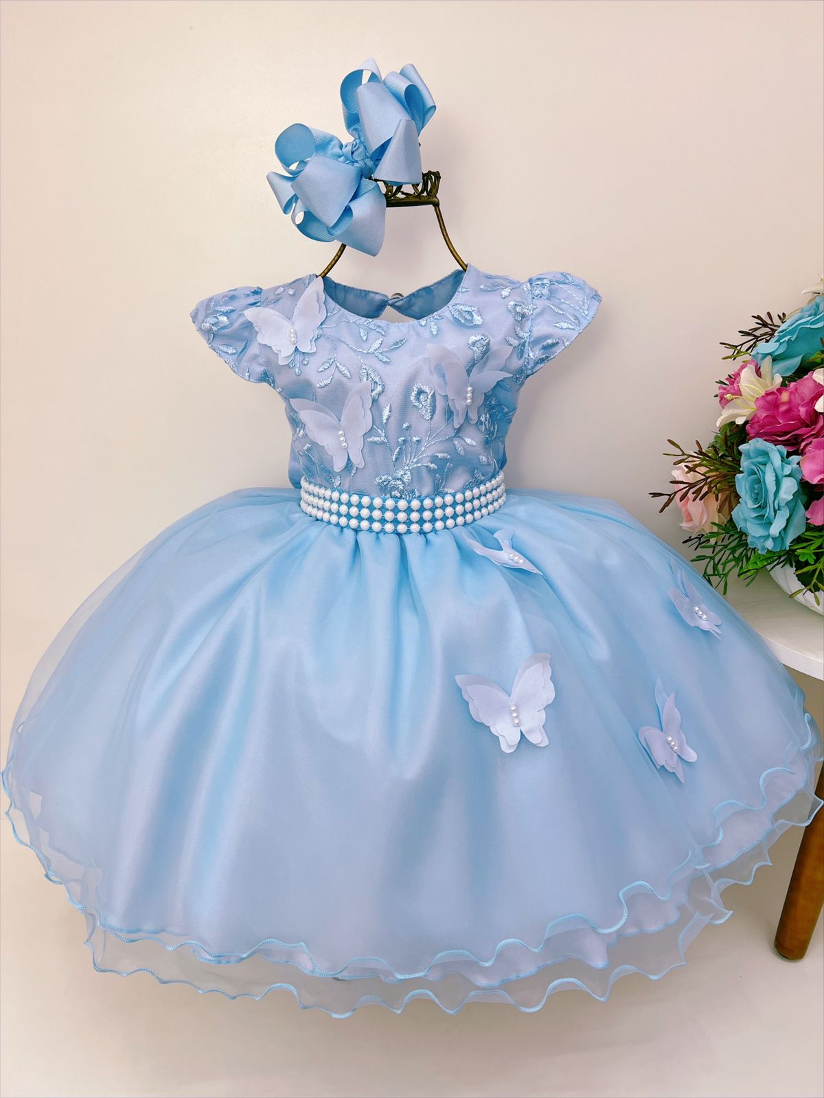 Vestido Infantil Azul Aplique de Borboletas C/ Renda Perolas