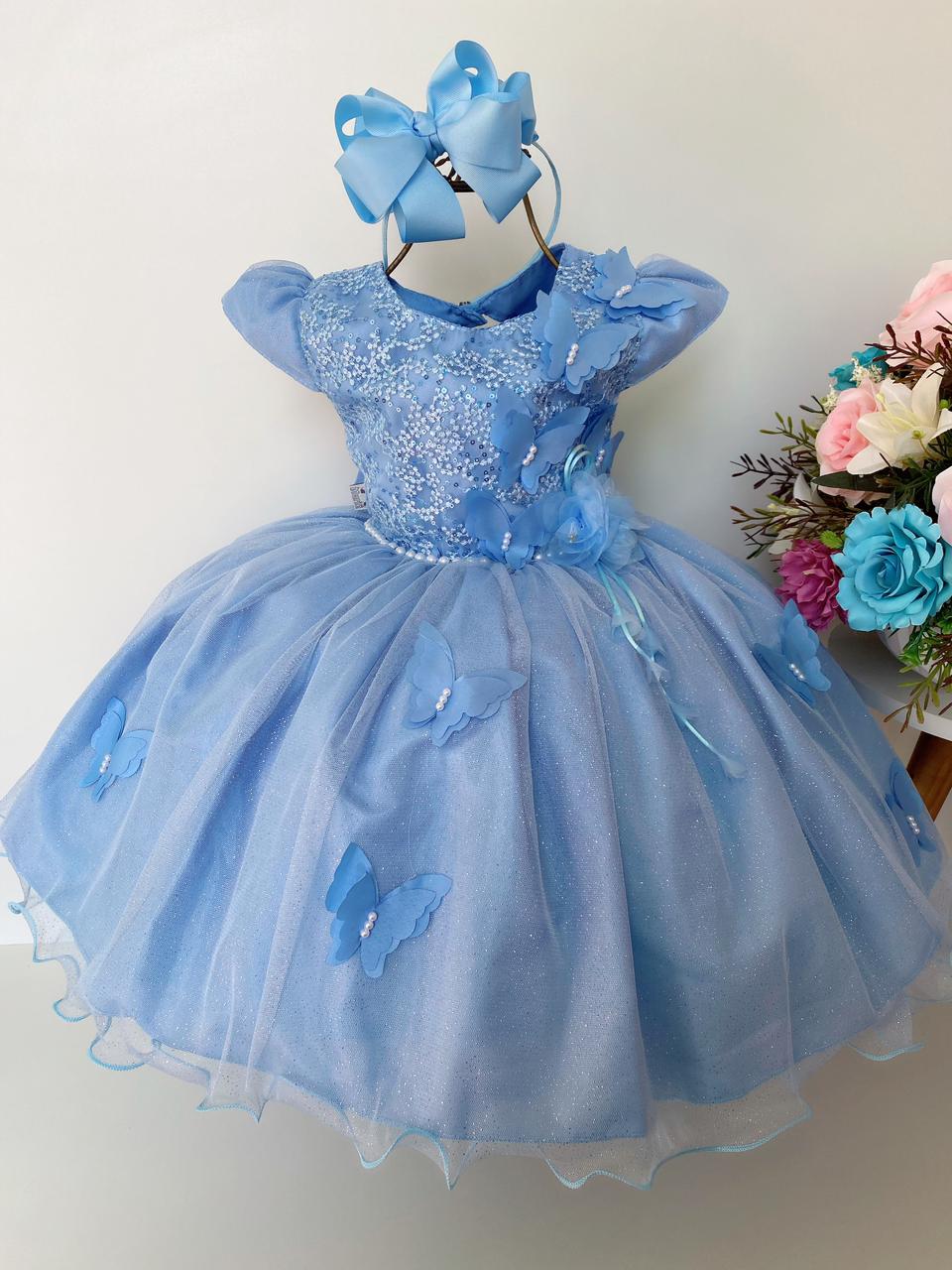Vestido Infantil Azul Bebê Aplique de Borboletas Brilho Luxo