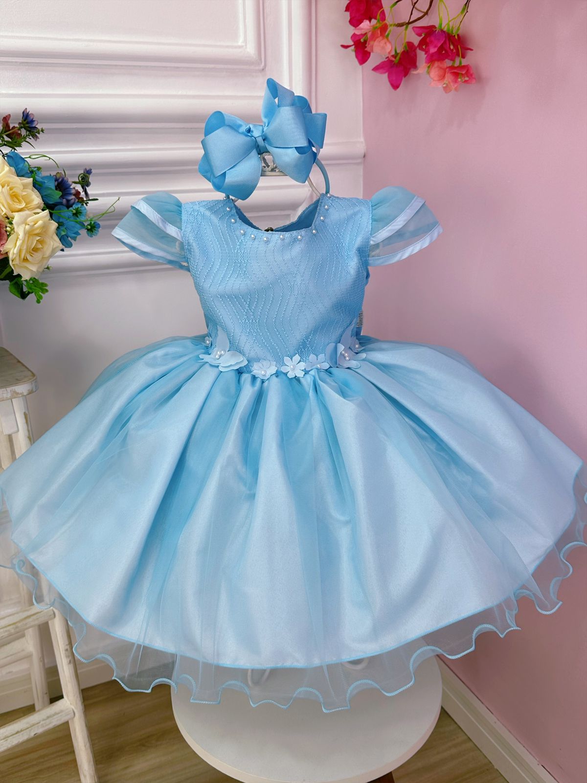 Vestido Infantil Azul C/ Aplique Flores Borboletas e Renda