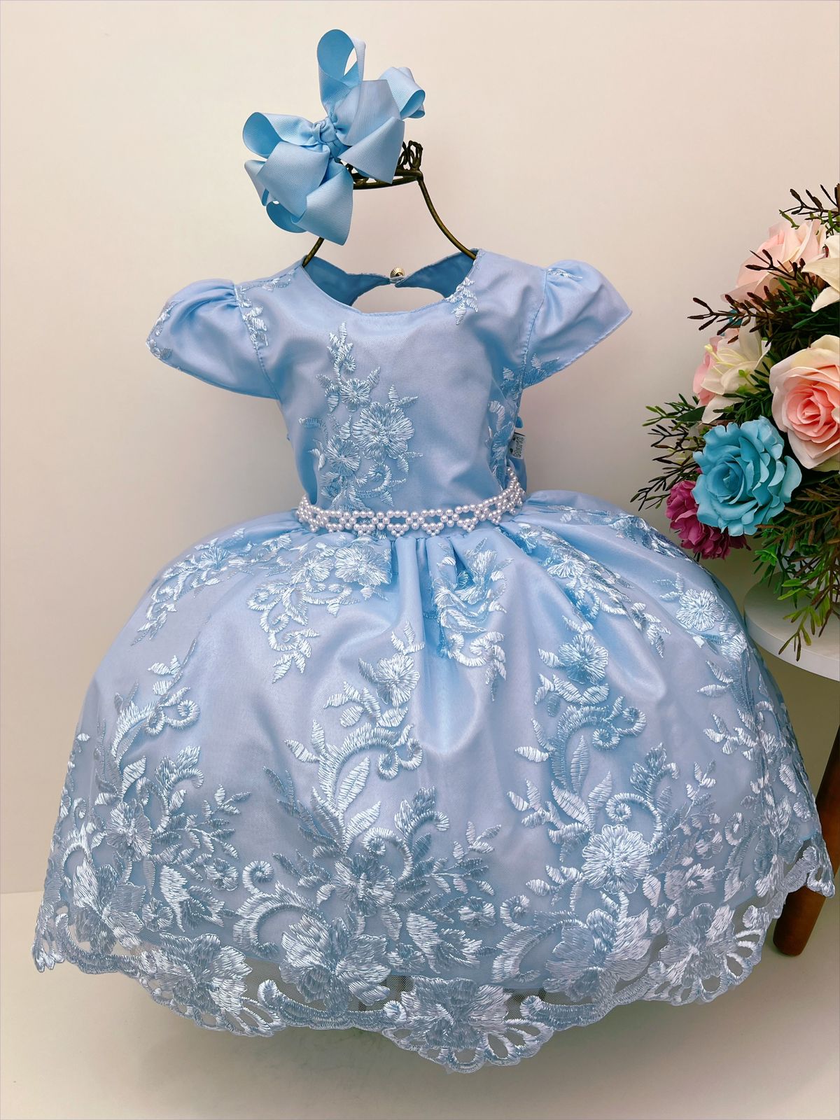 Vestido Infantil Azul C/ Renda Cinto de Pérolas