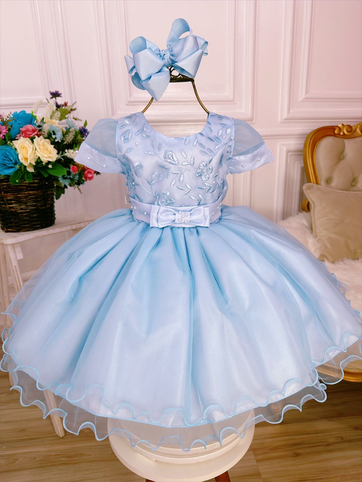 Vestido Infantil Azul Com Renda e Pérolas Luxo